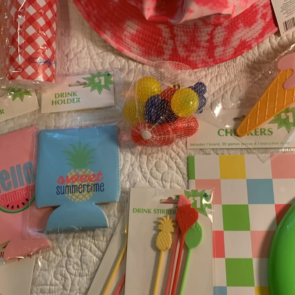 Summertime Party~Shower 27 Piece NEW Banners Hat Games ice cubes Frisbee & more